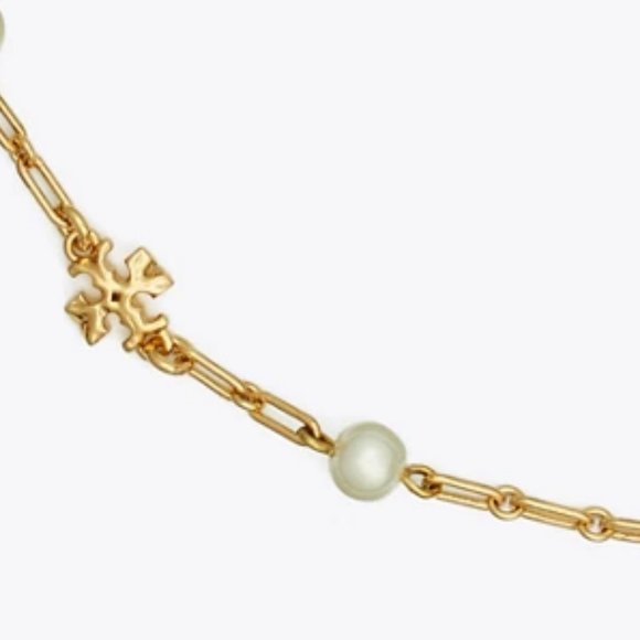 NWT Tory Burch Thin Roxanne Imitation Pearl Detailed 18K-plated Chain Necklace - Picture 3 of 11